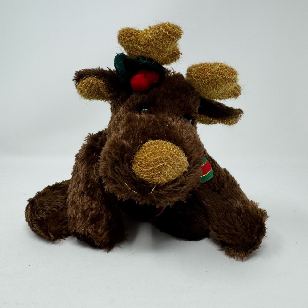 Christmas Holly Reindeer Plush Stuffed Animal with Christmas Bow Brown Small